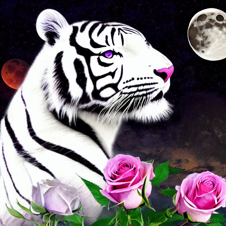 White Tiger with Pink Roses and Cosmic Background Digital Art
