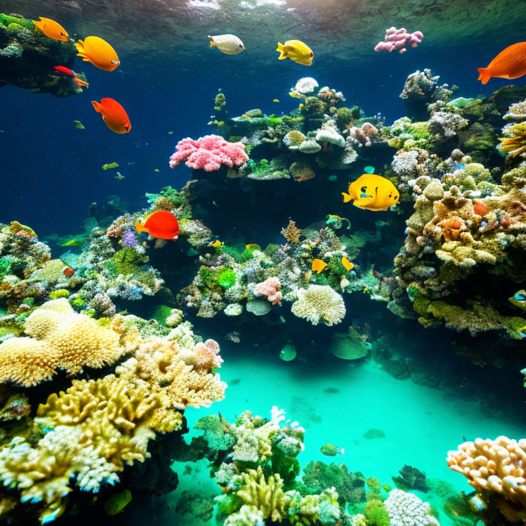 Colorful Fish and Diverse Coral in Vibrant Underwater Scene