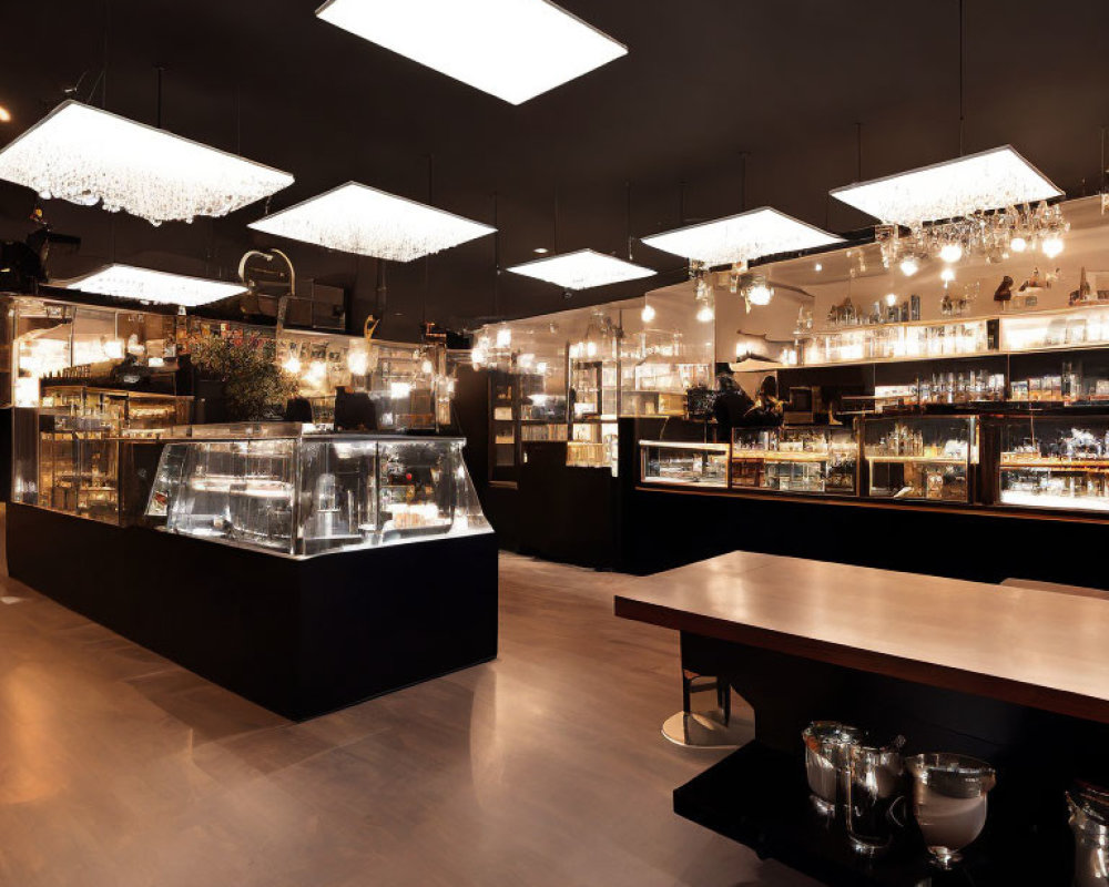 Modern interior of a cafe/bakery with glass display cases & ornate chandeliers