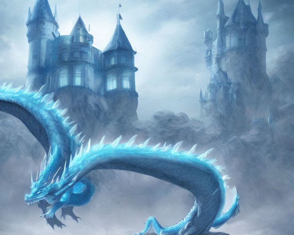 Blue dragon perched on rocky outcrop with twin-turreted castles in misty background