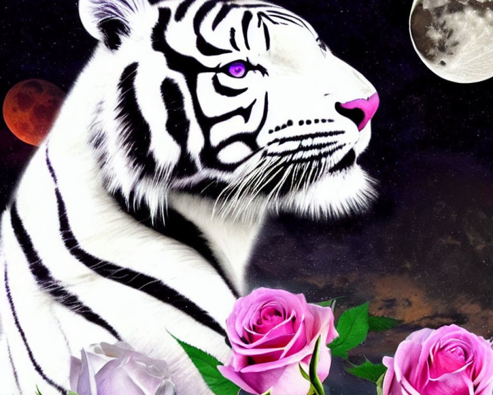White Tiger with Pink Roses and Cosmic Background Digital Art