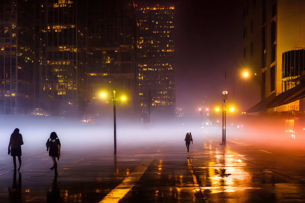 Foggy urban street at night with silhouetted people and illuminated skyscrapers