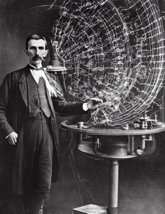 Historical Figure with Experimental Electrical Device Sparks