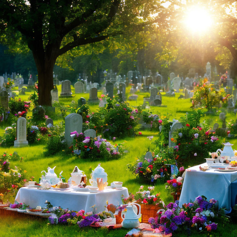 Sunlit outdoor tea setup with elegant tableware and flowers by peaceful cemetery
