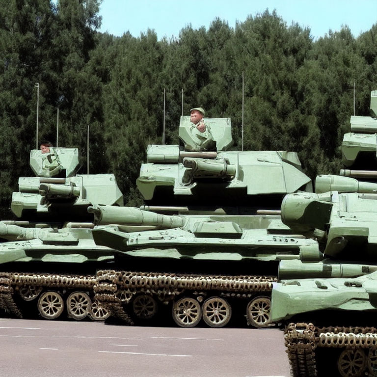 Military tanks and soldiers lined up in outdoor setting.
