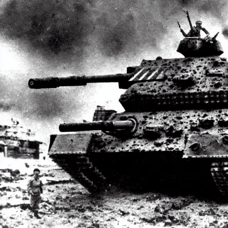 Monochrome photo: tanks with cannons, soldier in action, war-torn setting