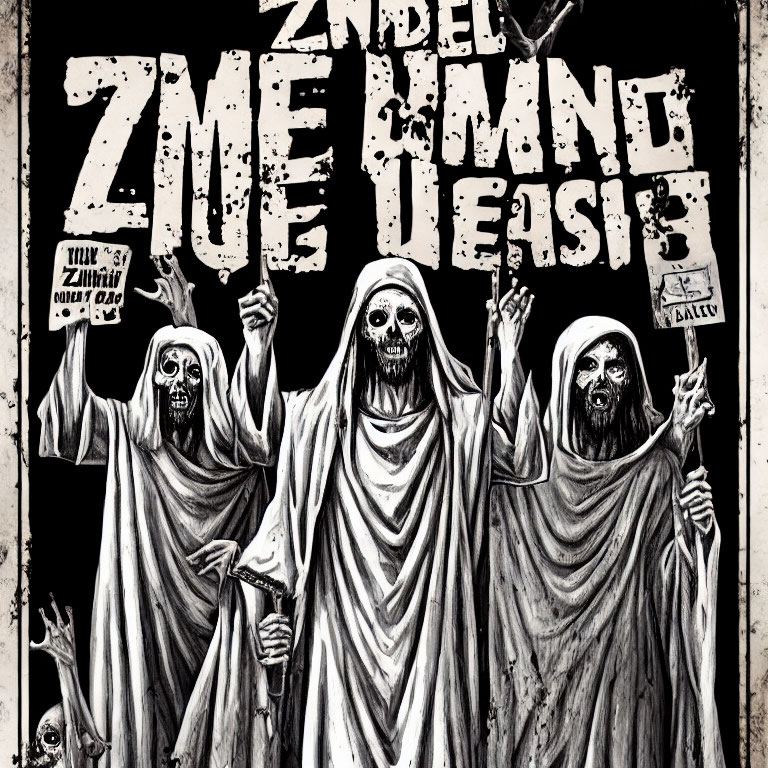 Monochromatic poster featuring three grim reapers with skeletal faces