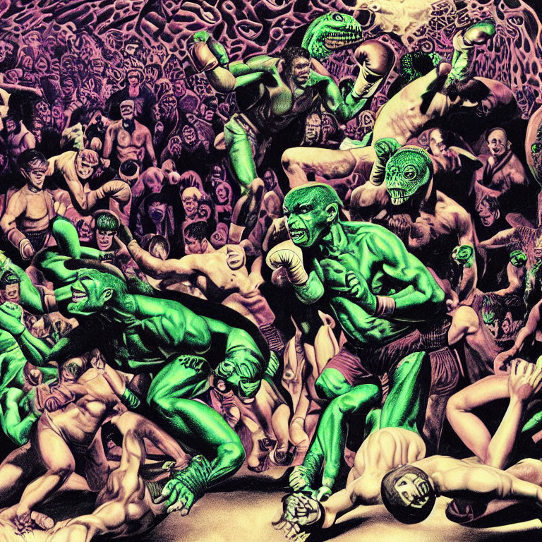 Colorful chaotic brawl with green muscular figures in crowded scene