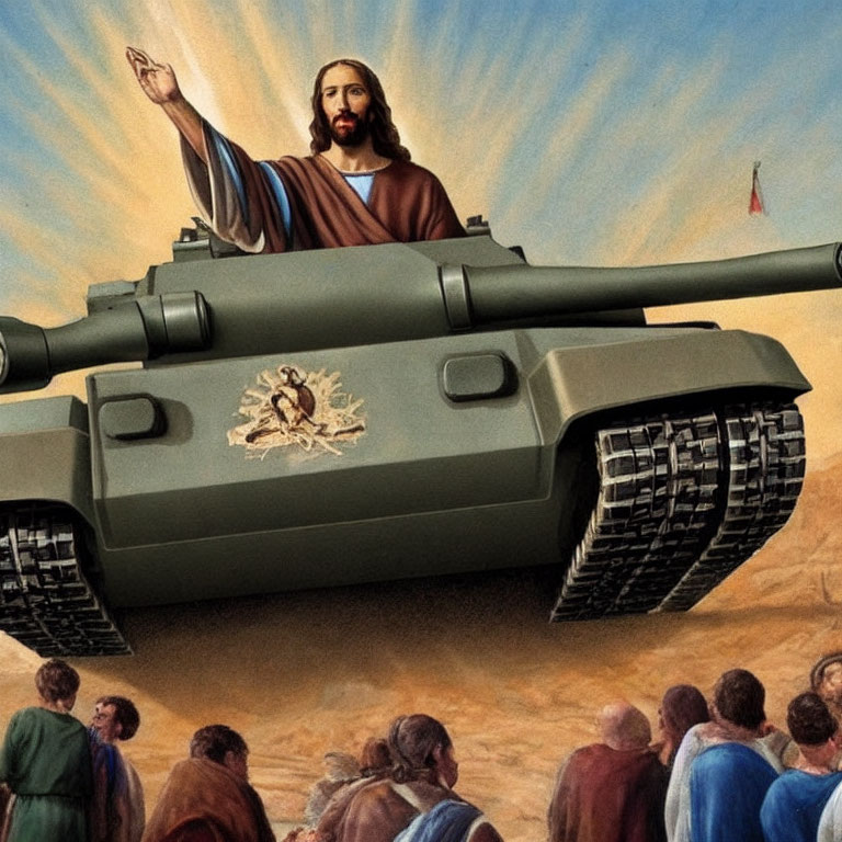Digital artwork: Jesus-like figure on tank with people under blue sky
