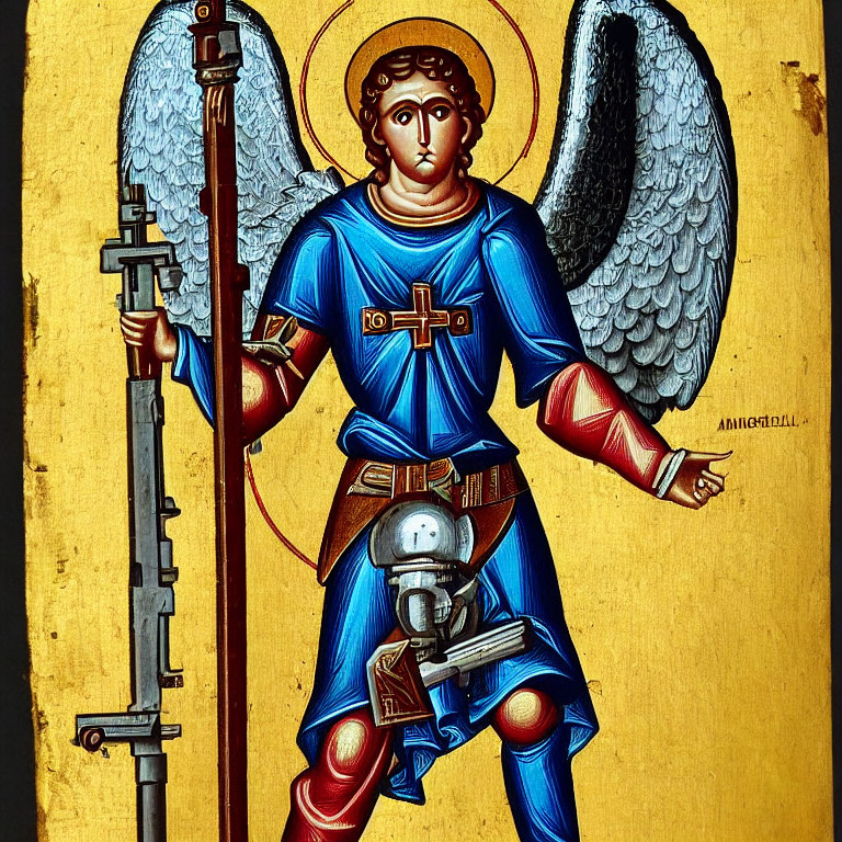 Religious icon of angel in blue robes with spear, wings, and halo