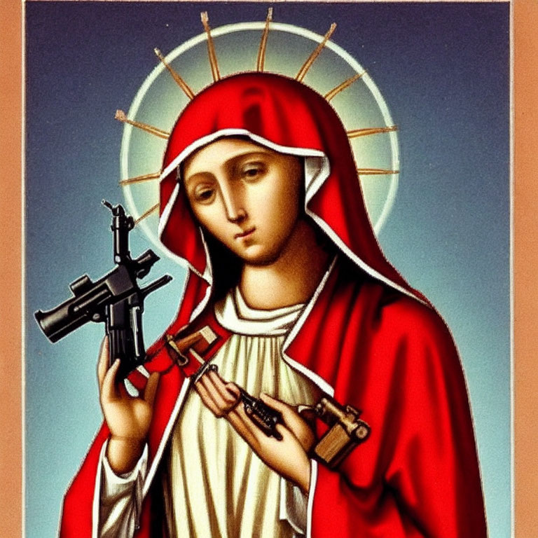 Figure with Halo in Red Cloak Holding Firearms on Religious Background