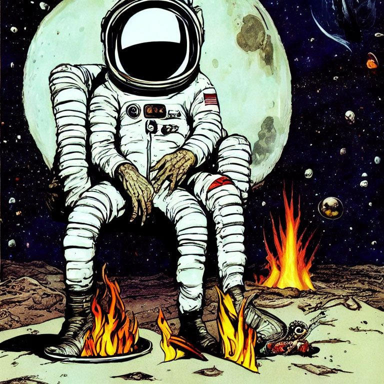Astronaut by small fire on lunar surface with Earth and stars.