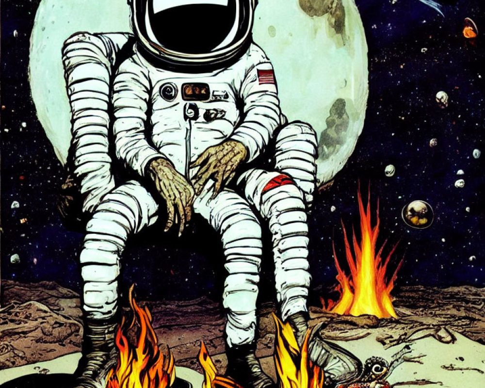 Astronaut by small fire on lunar surface with Earth and stars.