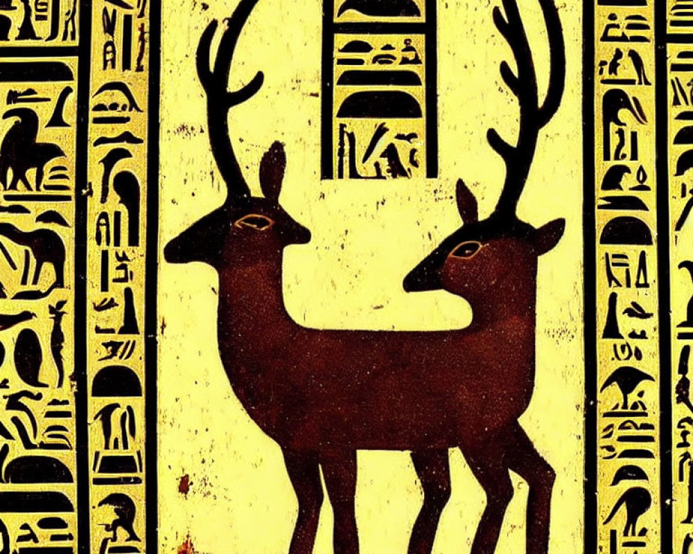 Stylized deer on yellow background with hieroglyphic symbols