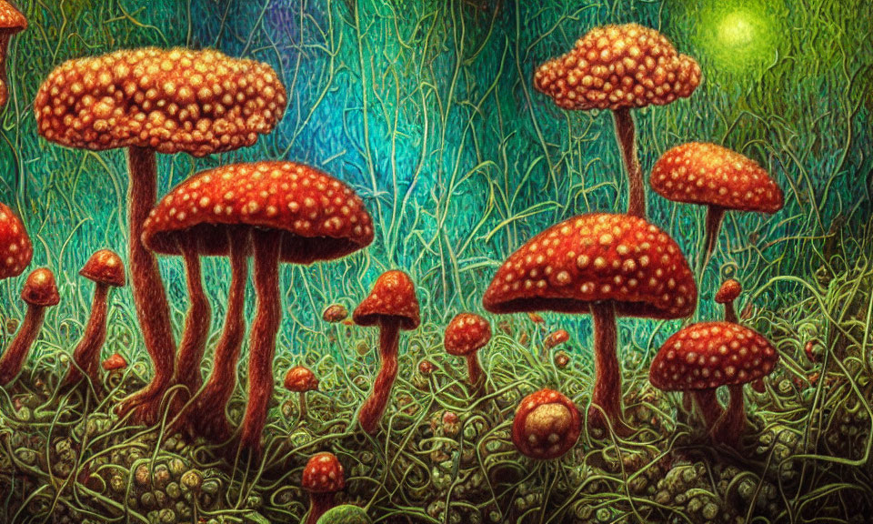 Fantasy Mushroom Forest Illustration with Red-Capped Mushrooms