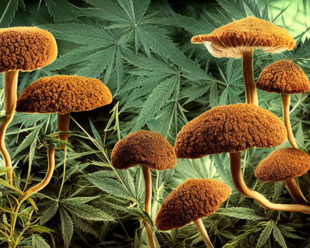 Brown Mushrooms with Textured Caps Among Green Cannabis Leaves