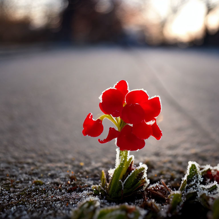 Vibrant red flower on frost-covered ground at sunrise