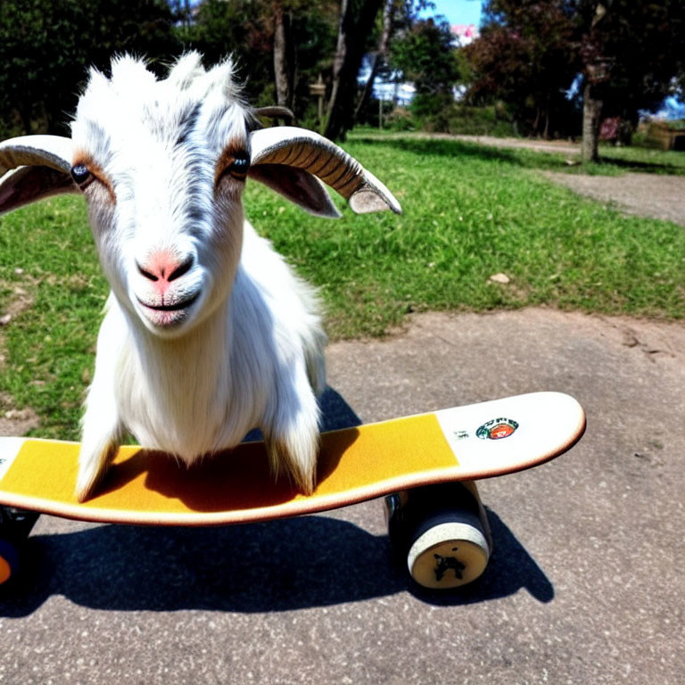 White Goat with Curved Horns Skateboarding Outdoors