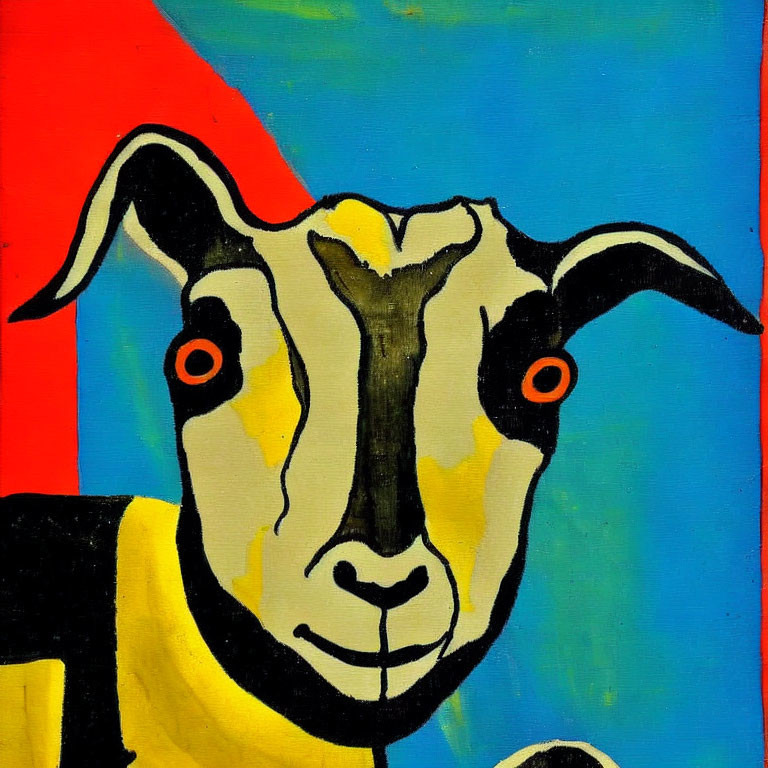 Vibrant abstract painting: goat with red eyes on blue and red backdrop