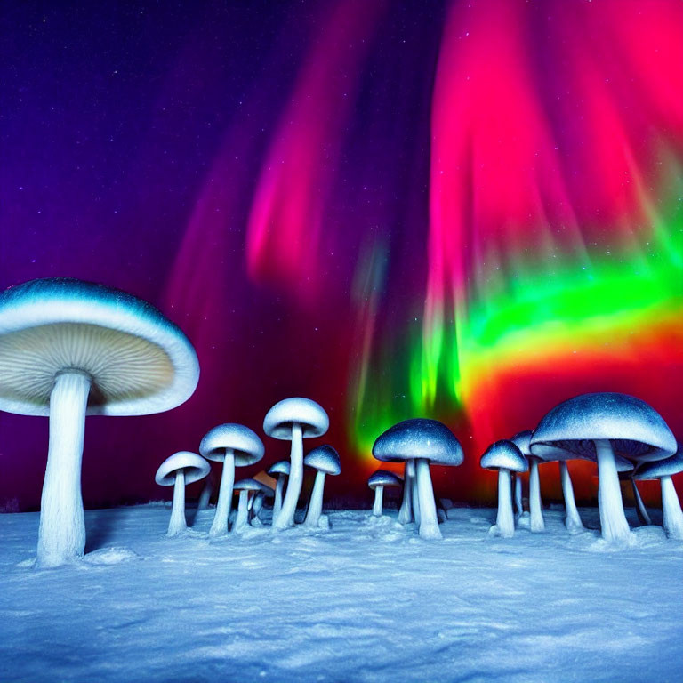 Colorful aurora lights above giant glowing mushrooms in snowy landscape