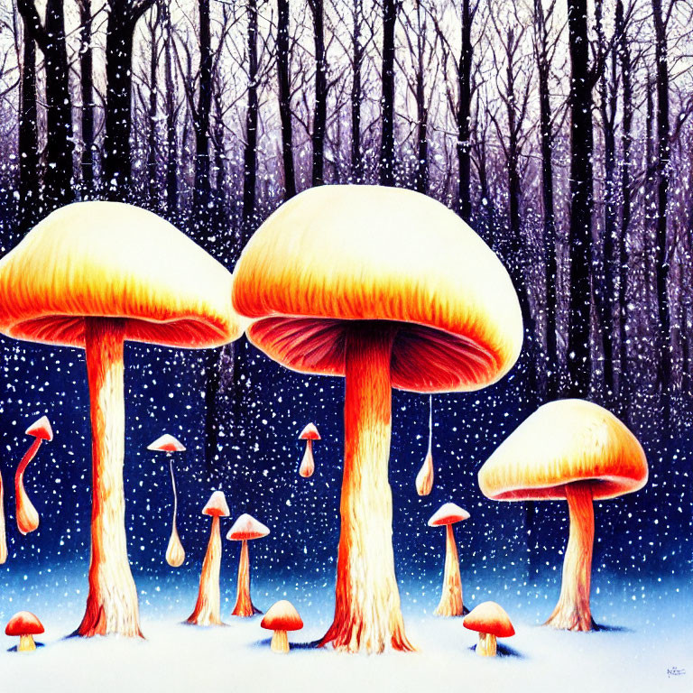 Colorful painting of oversized mushrooms in snowy forest with falling snowflakes