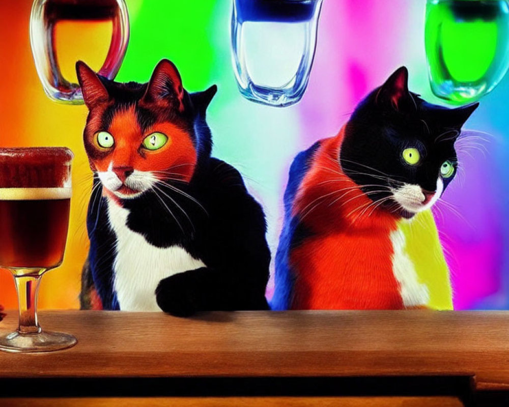 Two cats with human-like eyes in a bar with colorful lights and a glass of beer.