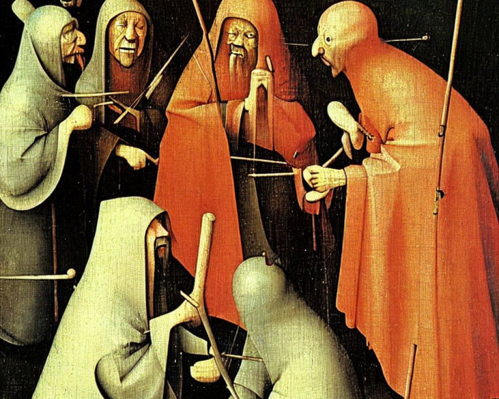 Medieval painting of hooded figures in surreal altercation