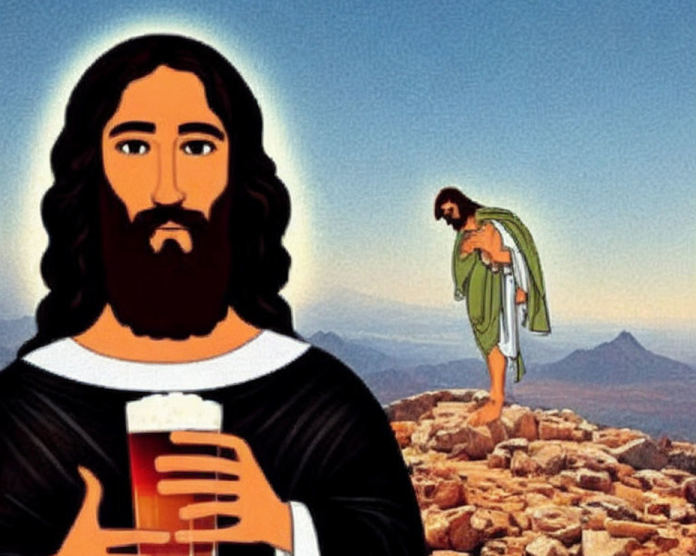 Illustration of two haloed figures with beer, one foreground and one background on rocky terrain.