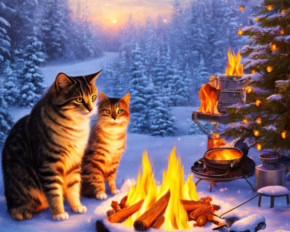 Two cats by campfire in snowy forest with Christmas tree and cooking pot