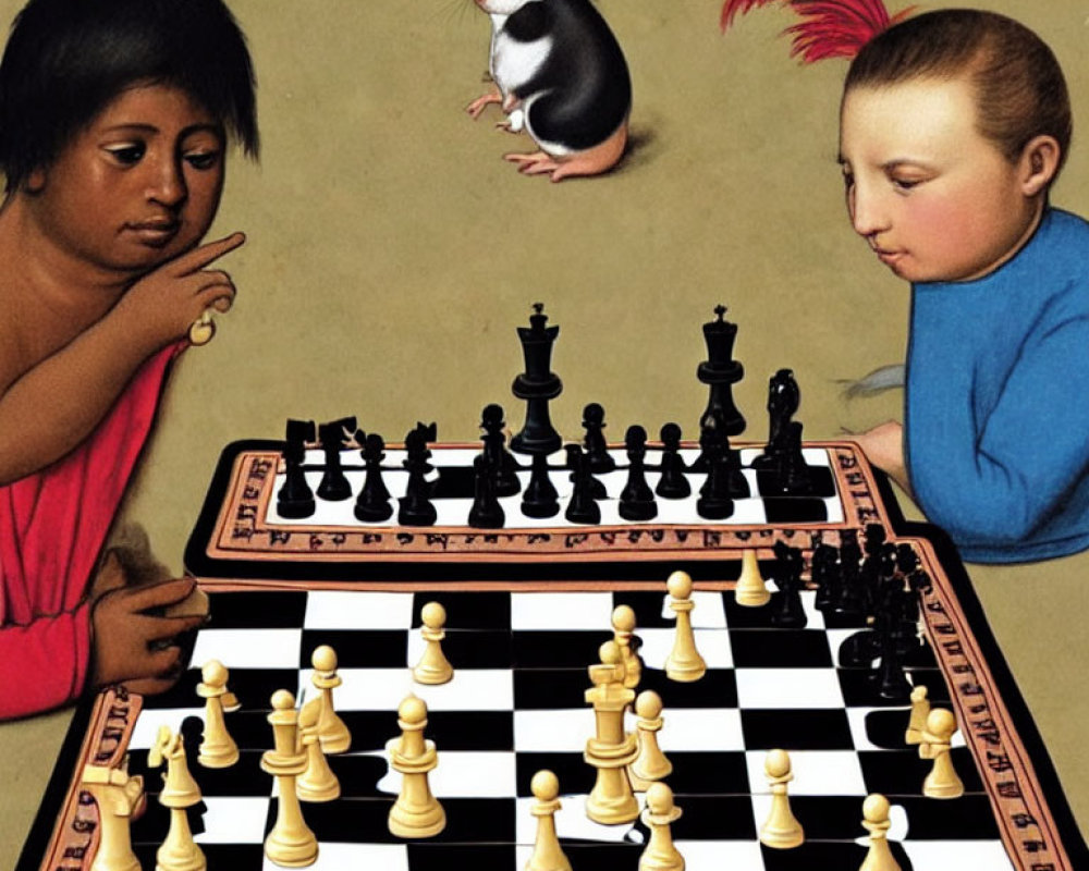 Exaggerated-featured children play chess with guinea pig observer