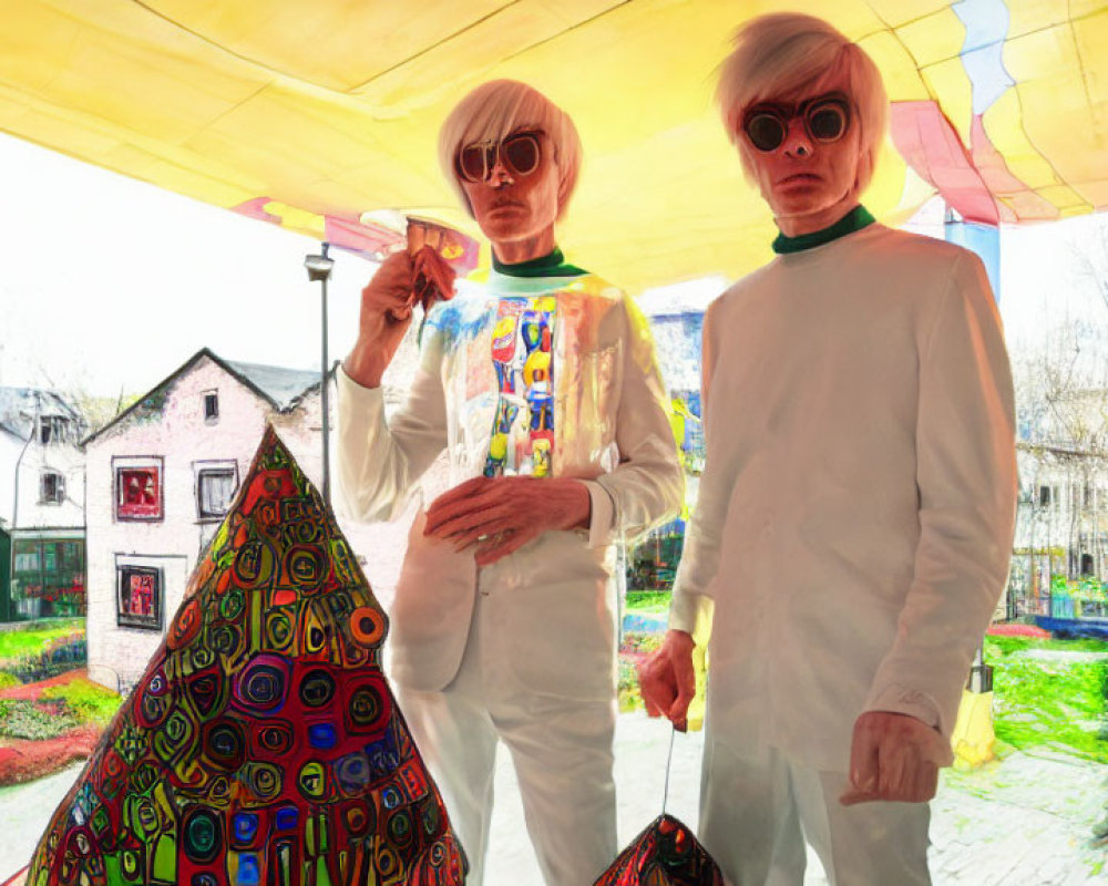 Futuristic individuals in white outfits with bob-cut wigs and sunglasses posing under colorful awning with