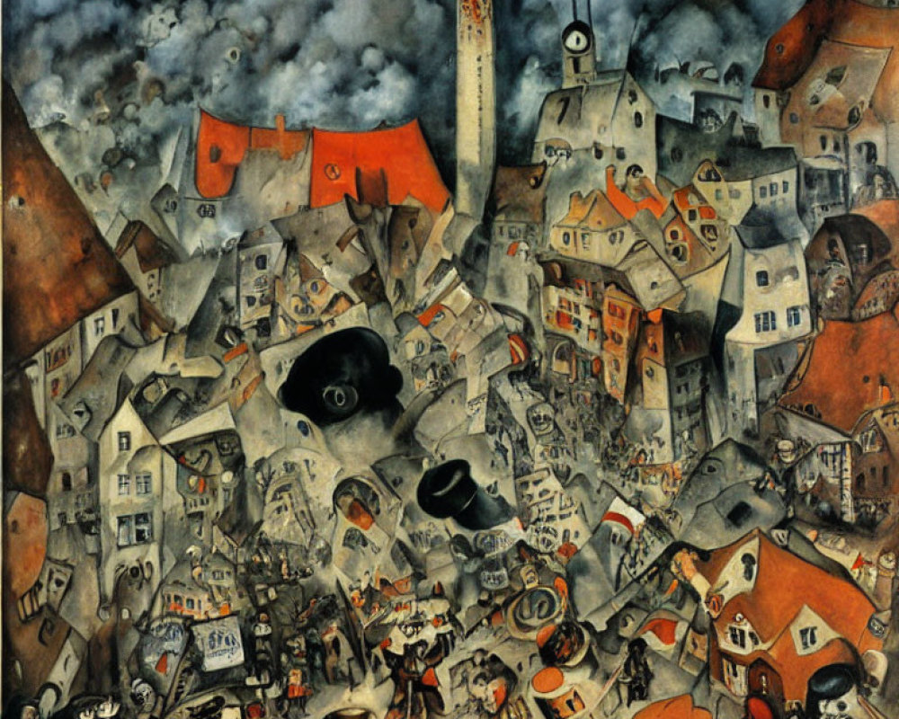 Densely-packed chaotic townscape with distorted figures and buildings