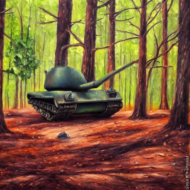 Green military tank camouflaged in dense forest with sunlight filtering through