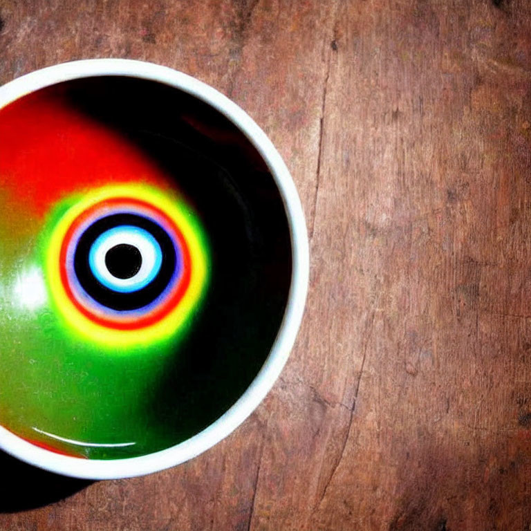 Vibrant concentric circle pattern in colorful liquid in white bowl