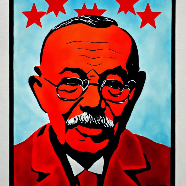 Colorful portrait of a man with glasses and a mustache and red stars above him