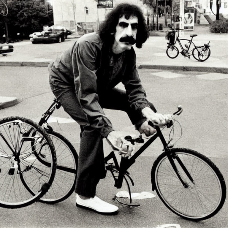 Man with large mustache on bicycle in city street