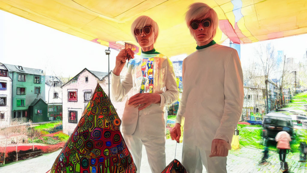 Futuristic individuals in white outfits with bob-cut wigs and sunglasses posing under colorful awning with