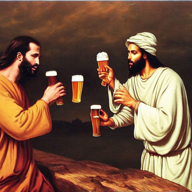 Classic Painting Style Depicts Two Individuals Holding Beers