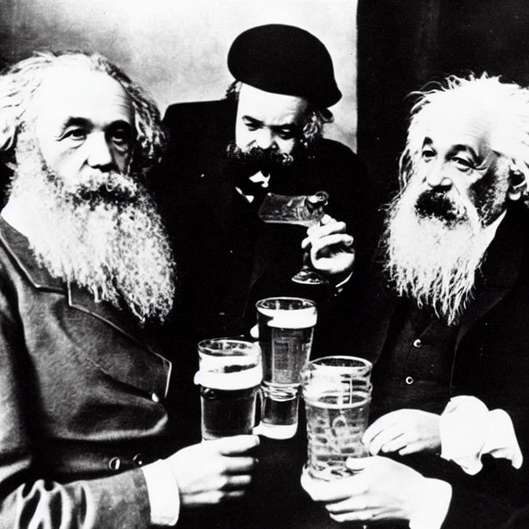 Vintage monochrome photo of three elderly men with long beards holding beer glasses at a table