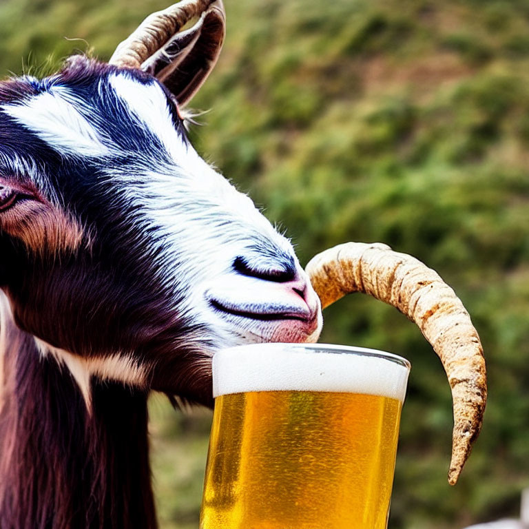 Long-horned goat sniffing pint glass of beer in grassy setting