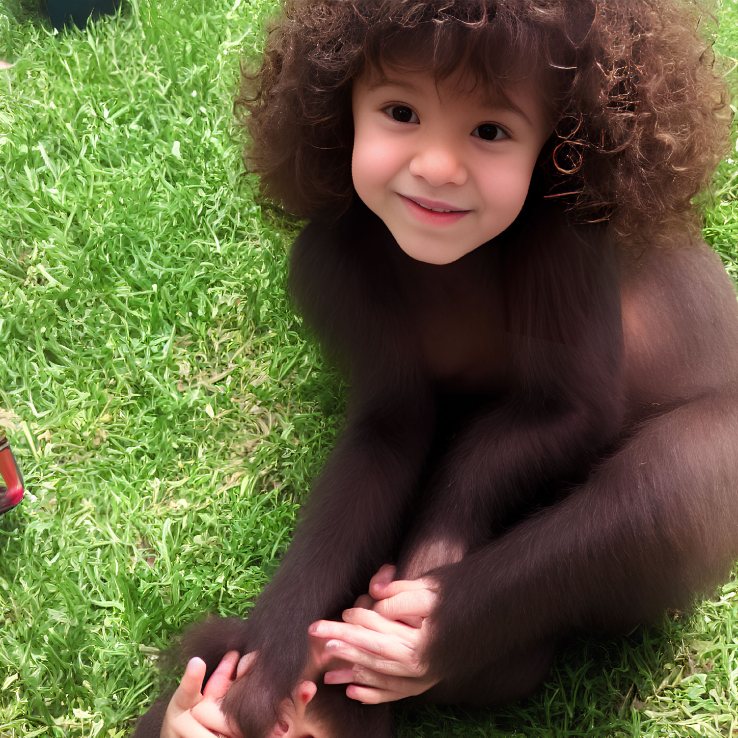 Curly-Haired Child Smiling on Grass with Digitally Added Monkey Body