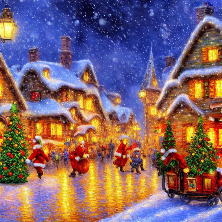 Snowy Village Scene with Santa Costumes, Christmas Trees, and Gifts
