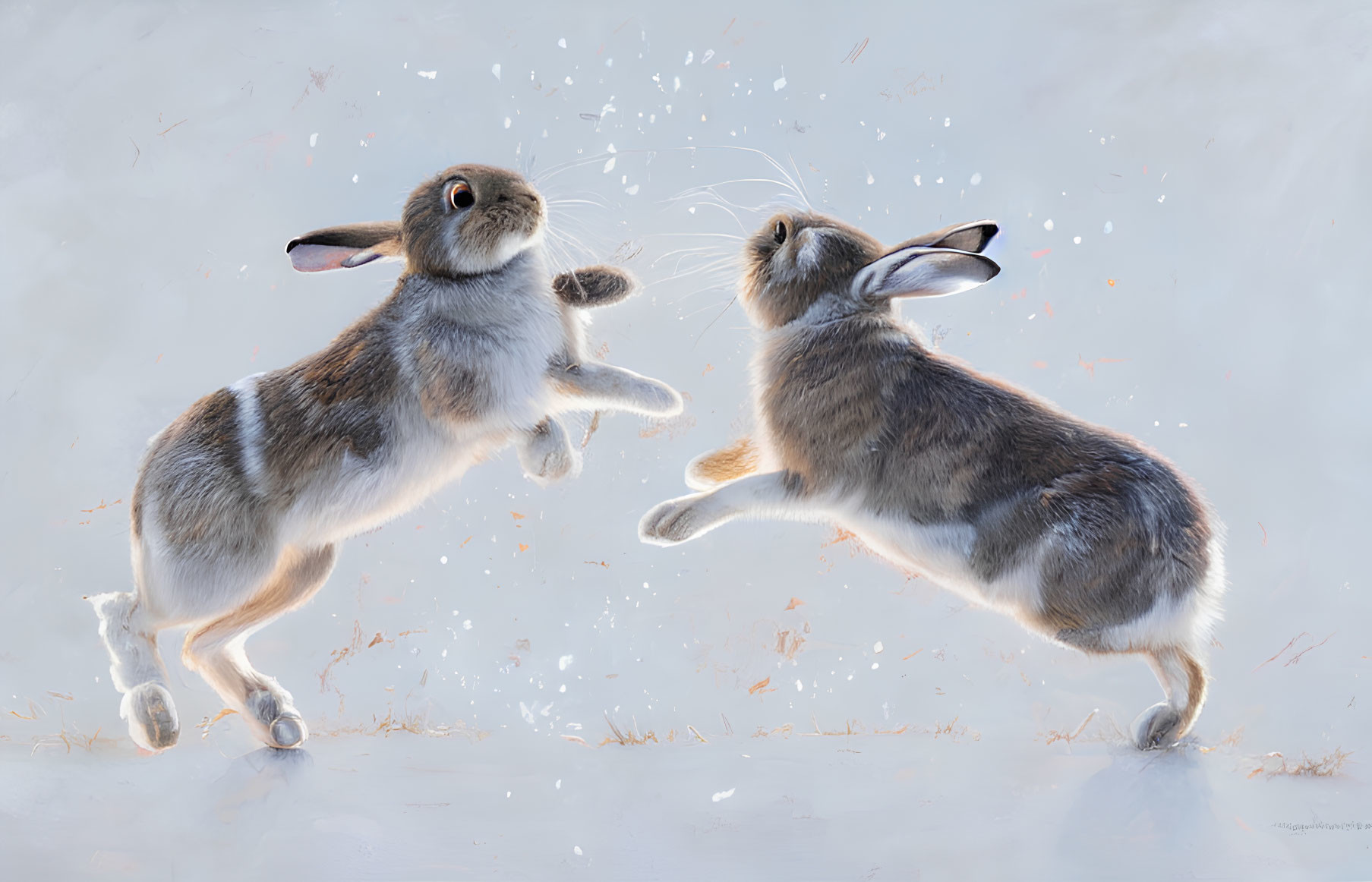 Two leaping rabbits in snowy scene with scattered snowflakes.