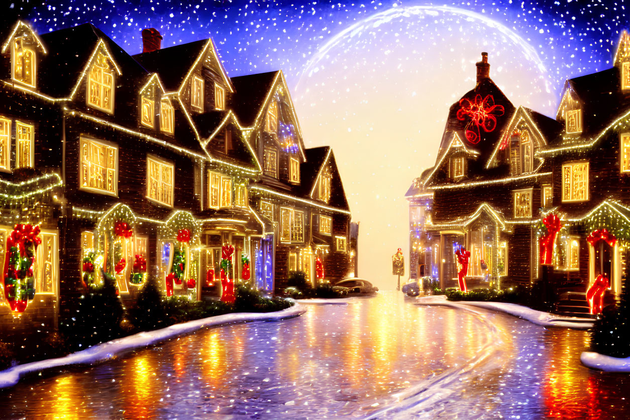 Festive street scene with Christmas decorations under starry sky