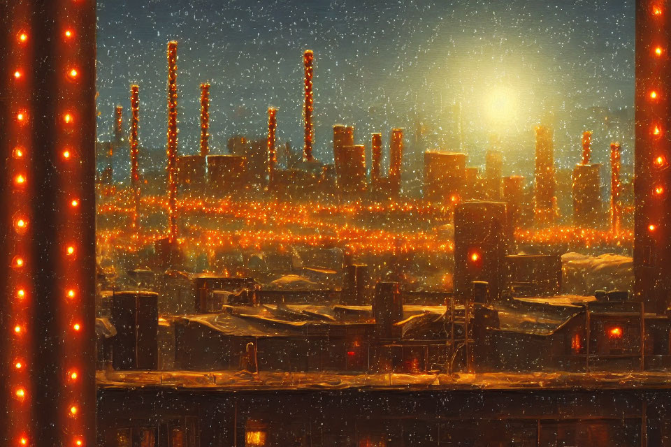 Nighttime industrial landscape with glowing lights and snowfall