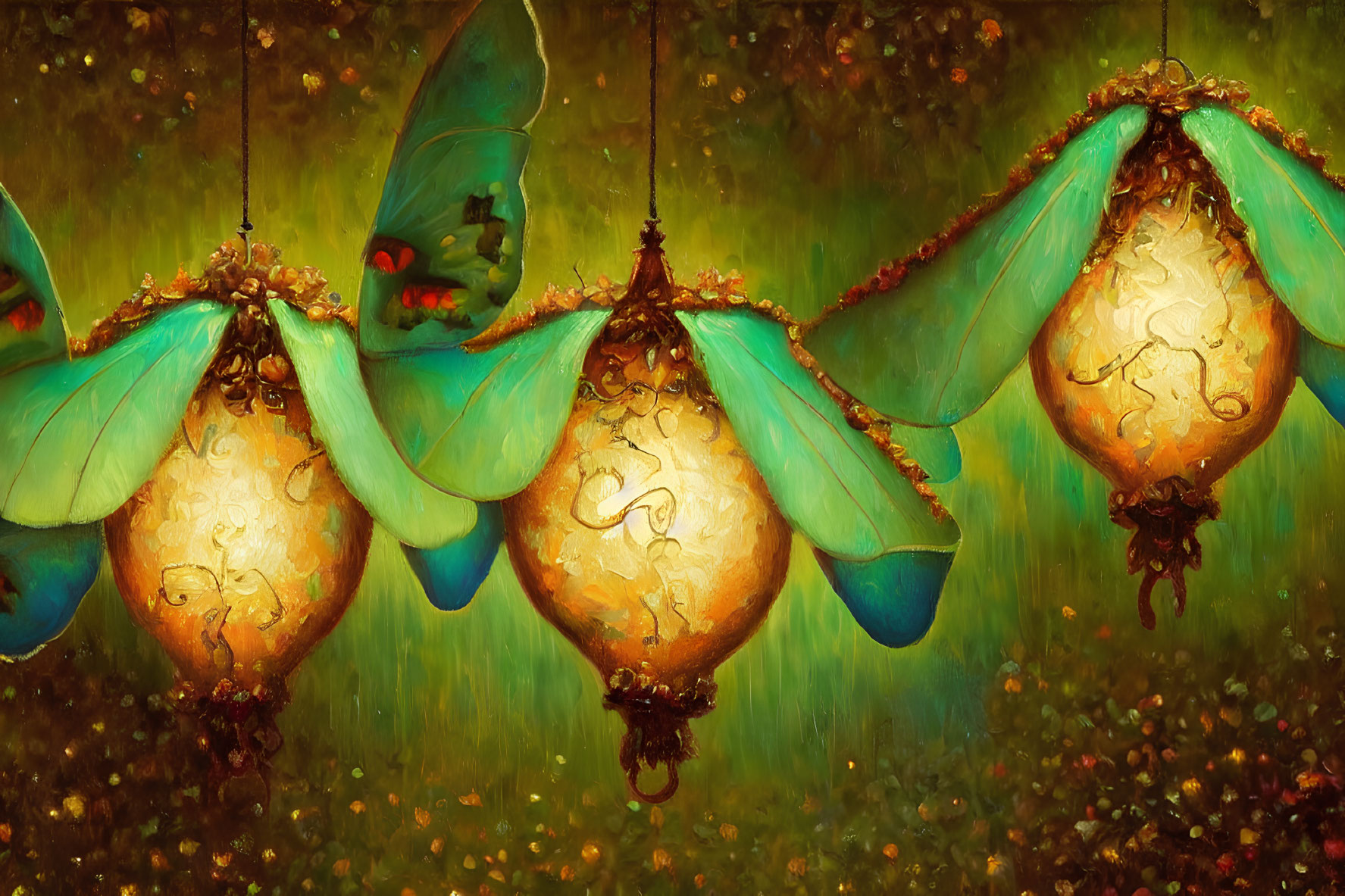 Intricate teardrop lanterns with butterfly wings in enchanted forest