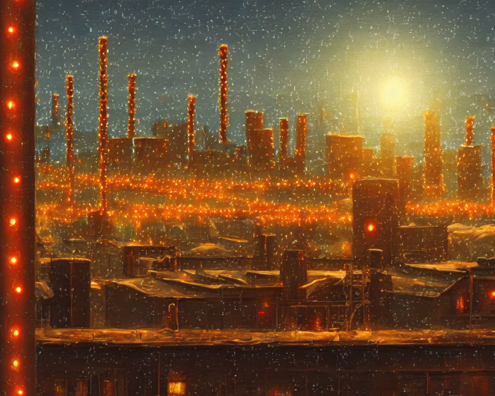 Nighttime industrial landscape with glowing lights and snowfall