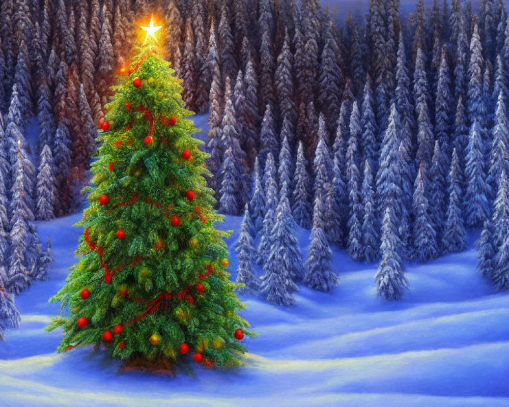 Snow-covered Christmas tree with shining star in twilight sky