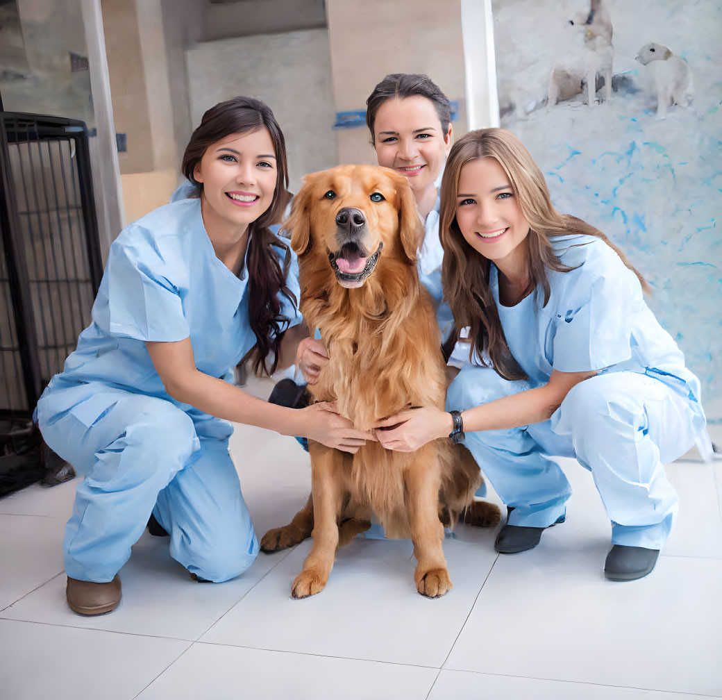 Three veterinary professionals with golden retriever in clinic.