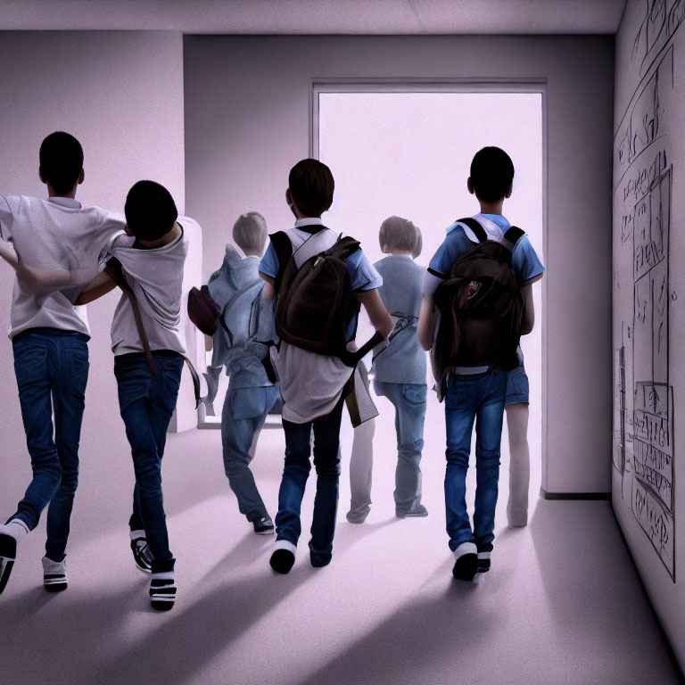 Male students with backpacks walking by math formula chalkboard